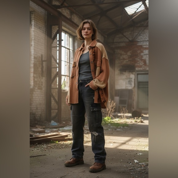 POL Multi Texture and Pattern Brown and  Tan Shacket, L - Picture 3 of 15